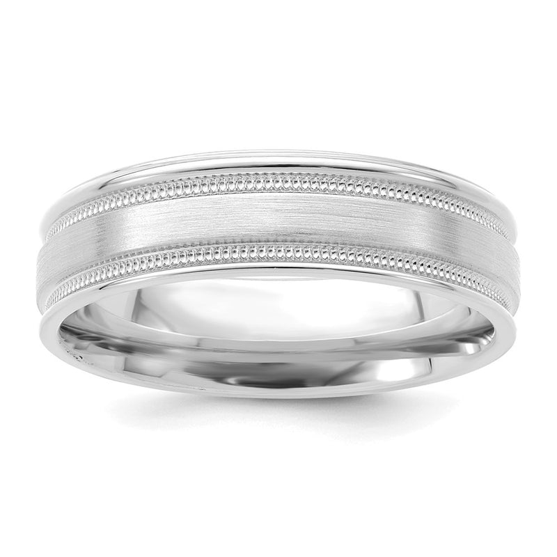 14K White Gold 6mm Lightweight Comfort Fit Brushed Satin/Polished Milgrain Grooved Edge Wedding Band
