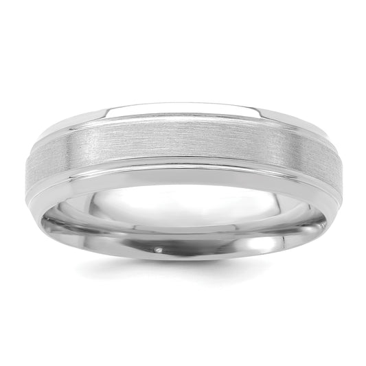 14K White Gold 6mm Standard Weight Comfort Fit Brushed Satin/Polished Line Edge Wedding Band