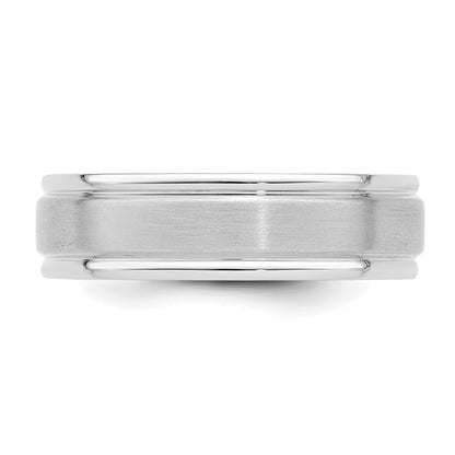 14K White Gold 6mm Lightweight Comfort Fit Brushed Satin/Polished Grooved Edge Wedding Band
