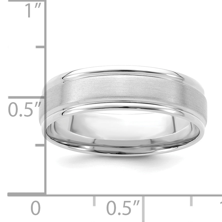 14K White Gold 6mm Standard Weight Comfort Fit Brushed Satin/Polished Grooved Edge Wedding Band