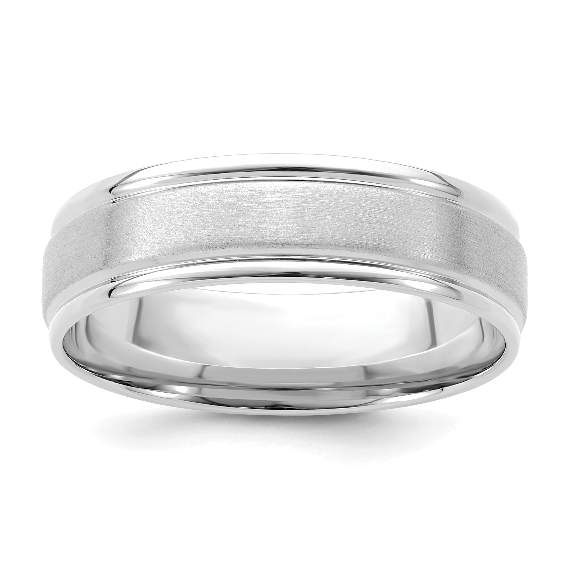 14K White Gold 6mm Lightweight Comfort Fit Brushed Satin/Polished Grooved Edge Wedding Band