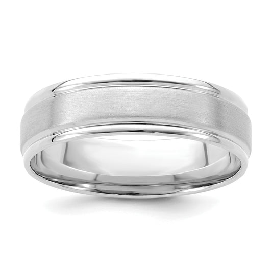 14K White Gold 6mm Lightweight Comfort Fit Brushed Satin/Polished Grooved Edge Wedding Band