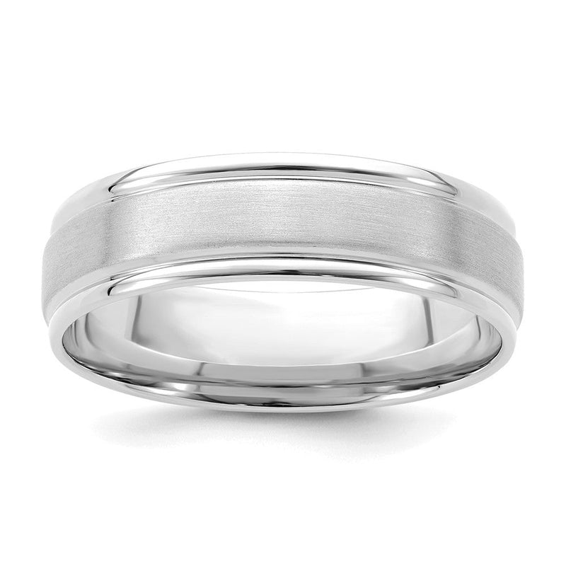 18k White Gold 6mm Standard Weight Comfort Fit Brushed Satin/Polished Grooved Edge Wedding Band Ring