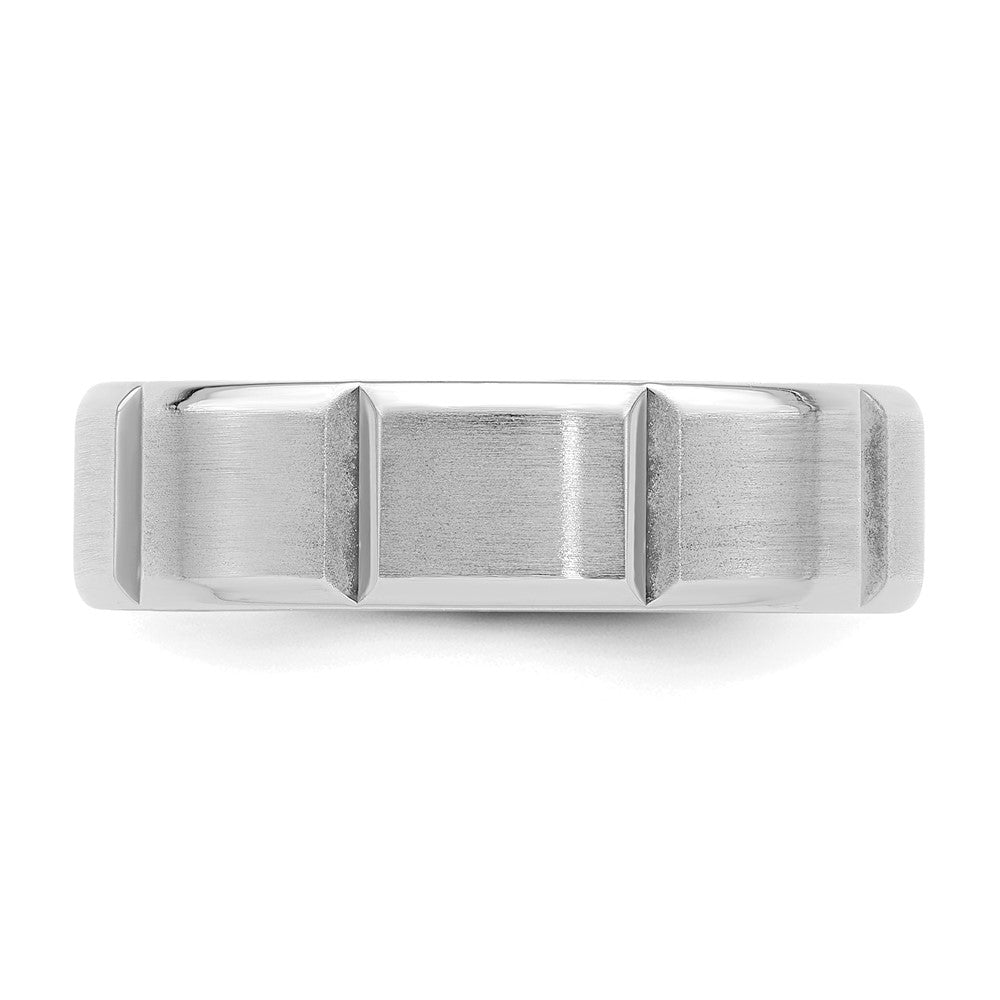 14K White Gold 6mm Lightweight Comfort Fit Brushed/Polished Beveled Edge With Vertical Lines Wedding Band