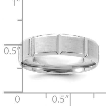 14K White Gold 6mm Heavyweight Comfort Fit Brushed/Polished Beveled Edge With Vertical Lines Wedding Band