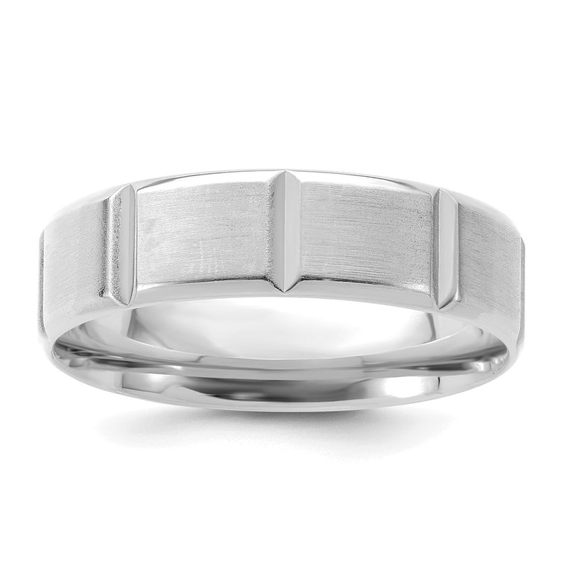 14K White Gold 6mm Lightweight Comfort Fit Brushed/Polished Beveled Edge With Vertical Lines Wedding Band