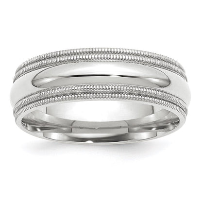 18k White Gold 7mm Double Milgrain Comfort Fit Wedding Band Ring