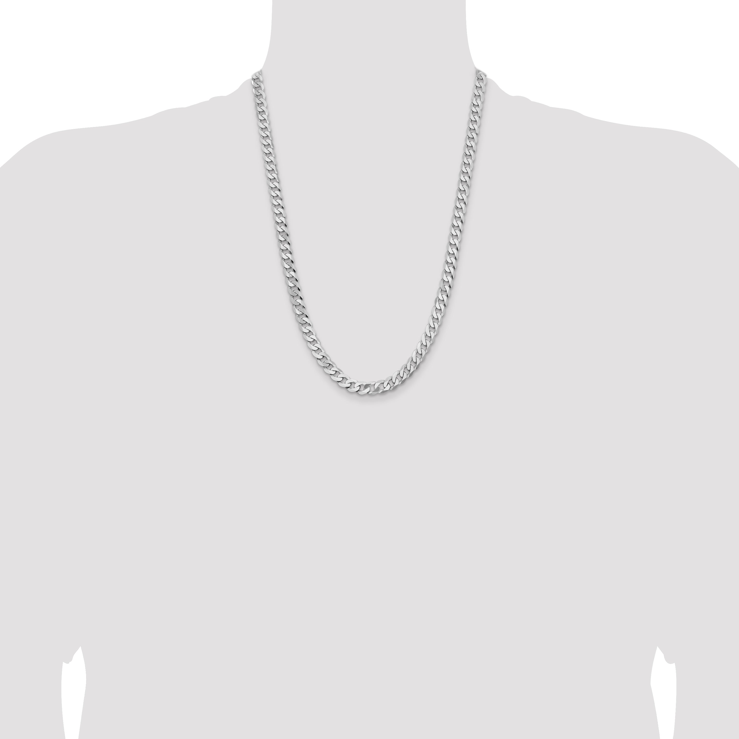 Solid 14K White Gold 24 inch 7.25mm Flat Beveled Curb with Lobster Clasp Chain Necklace