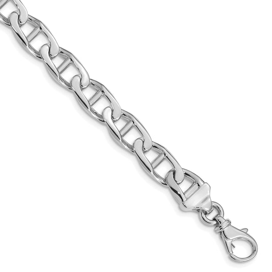 Solid 14K White Gold 9 inch 9mm Hand Polished Fancy Anchor Link with Fancy Lobster Clasp Bracelet