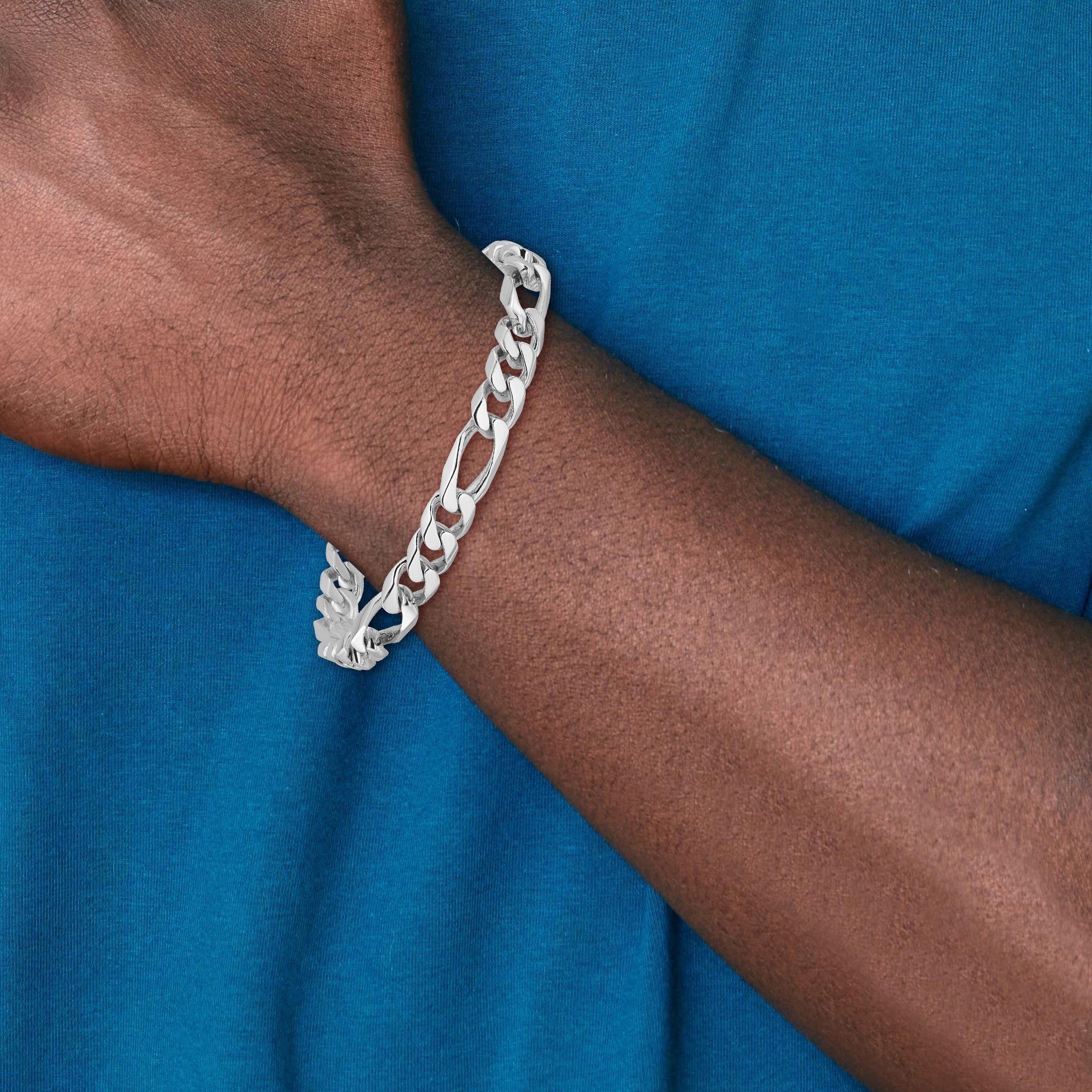 Solid 14K White Gold 20 inch 8mm Hand Polished Figaro Link with Fancy Lobster Clasp Chain Necklace