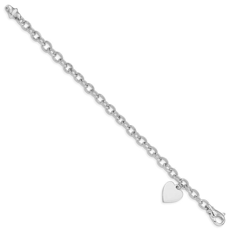 14K White Gold Engravable 19X13mm Solid Dangle Heart Charm And Polished Link 8.5 Inch Bracelet