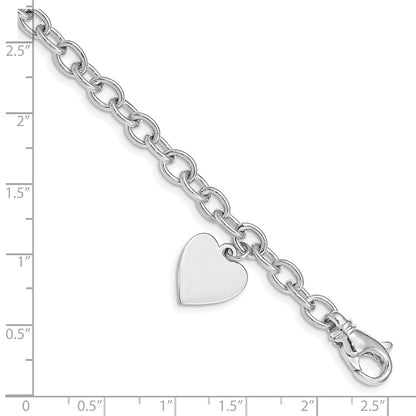 14K White Gold Engravable 19X13mm Solid Dangle Heart Charm And Polished Link 8.5 Inch Bracelet