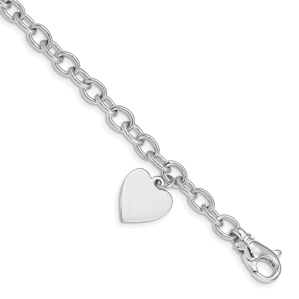 14K White Gold Engravable 19X13mm Solid Dangle Heart Charm And Polished Link 7.5 Inch Bracelet
