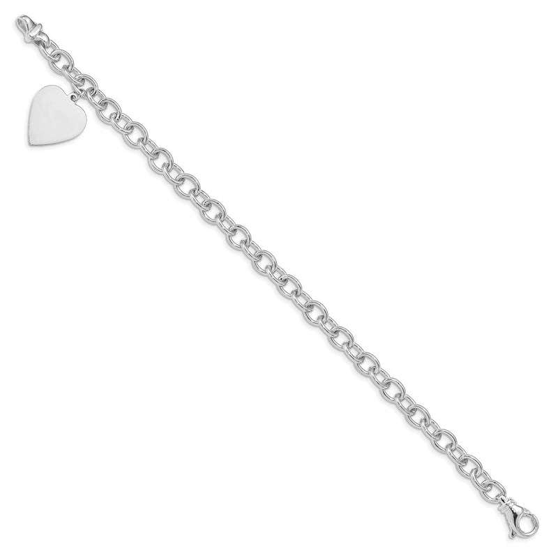 14K White Gold Engravable 23X17mm Solid Dangle Heart Charm And Polished Link 8.5 Inch Bracelet