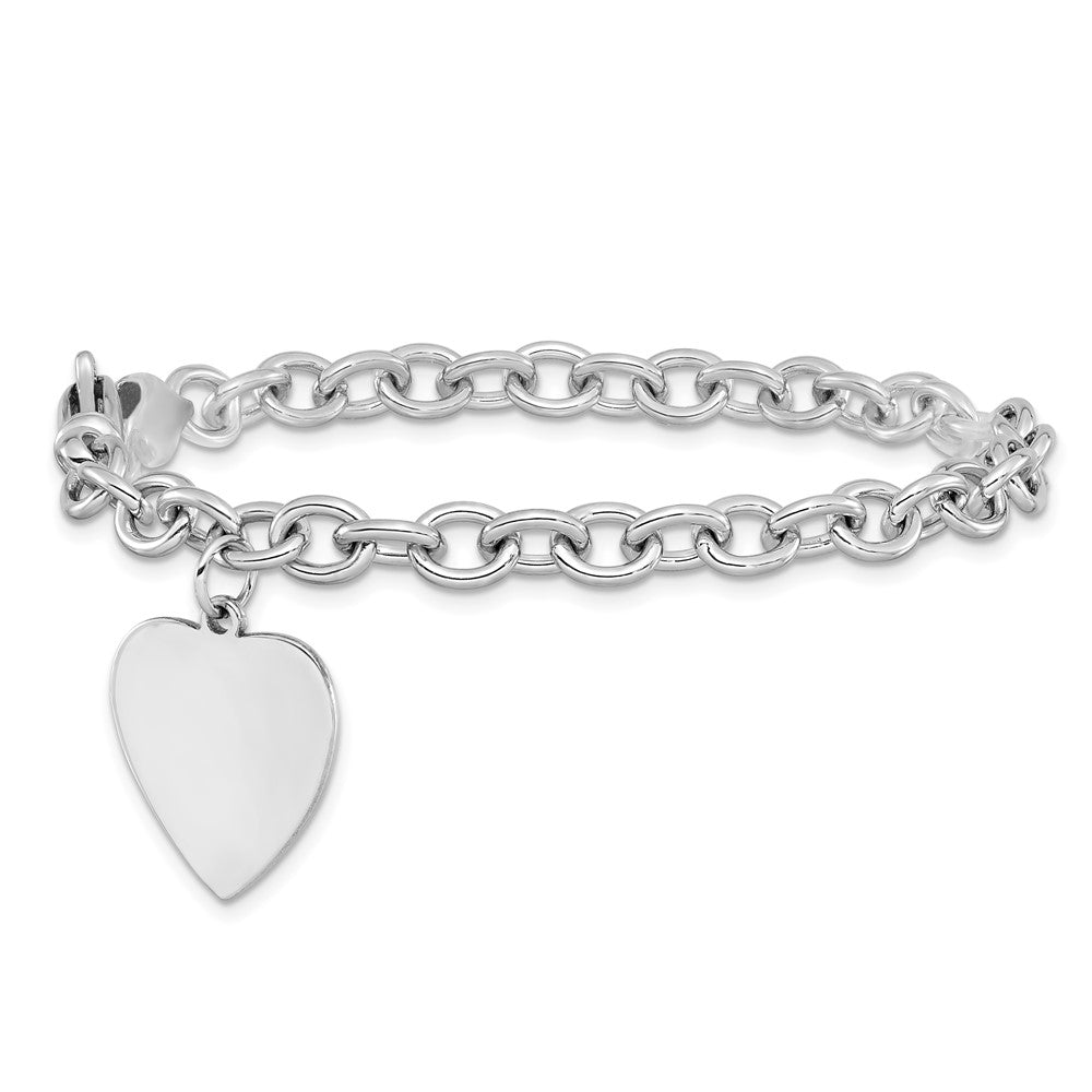 14K White Gold Engravable 23X17mm Solid Dangle Heart Charm And Polished Link 7.5 Inch Bracelet
