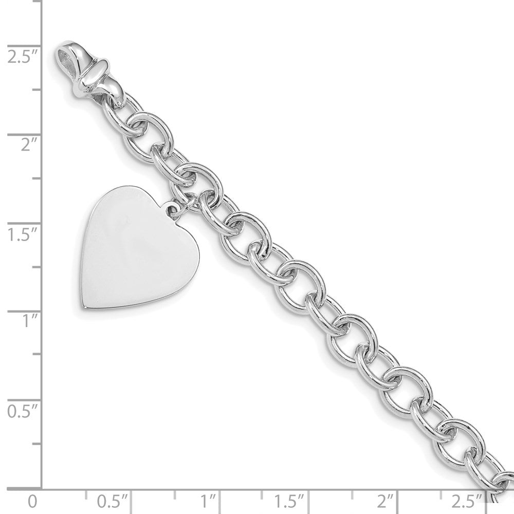 14K White Gold Engravable 23X17mm Solid Dangle Heart Charm And Polished Link 8.5 Inch Bracelet
