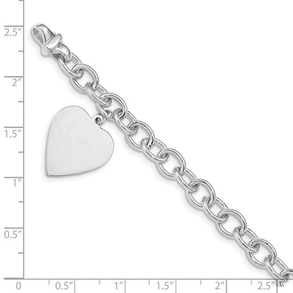 14K White Gold Engravable 23X17mm Solid Dangle Heart Charm And Polished Link 8.5 Inch Bracelet