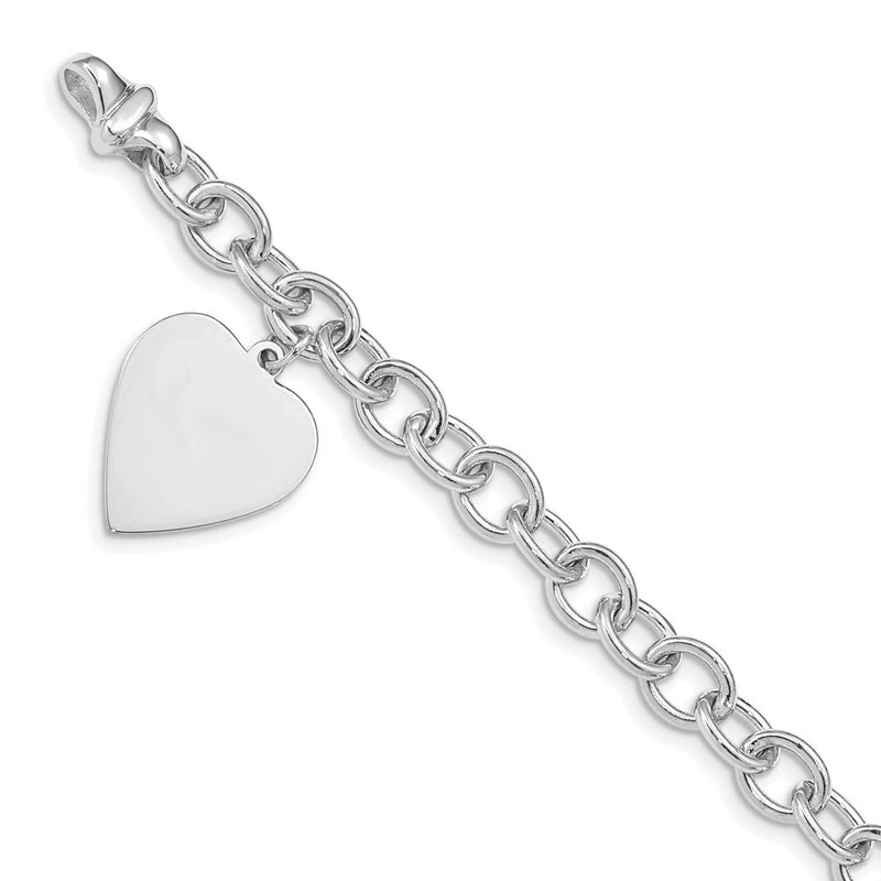 14K White Gold Engravable 23X17mm Solid Dangle Heart Charm And Polished Link 7.5 Inch Bracelet