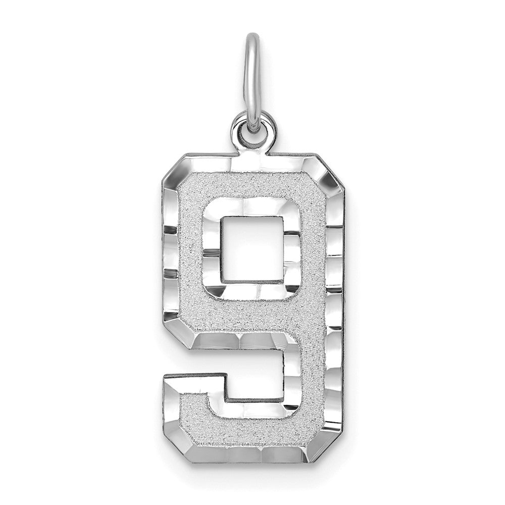14k White Goldw Large Brushed Diamond-cut  Number 9 Charm