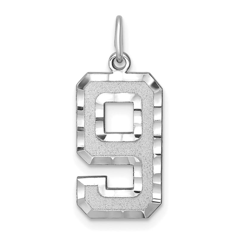 14k White Goldw Large Brushed Diamond-cut  Number 9 Charm