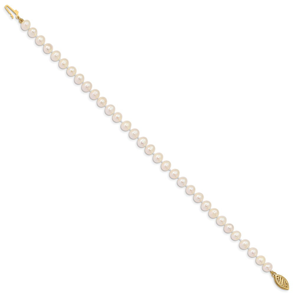 14K Yellow Gold 5 6mm White Near Round Freshwater Cultured Pearl 7.5 Inch Bracelet