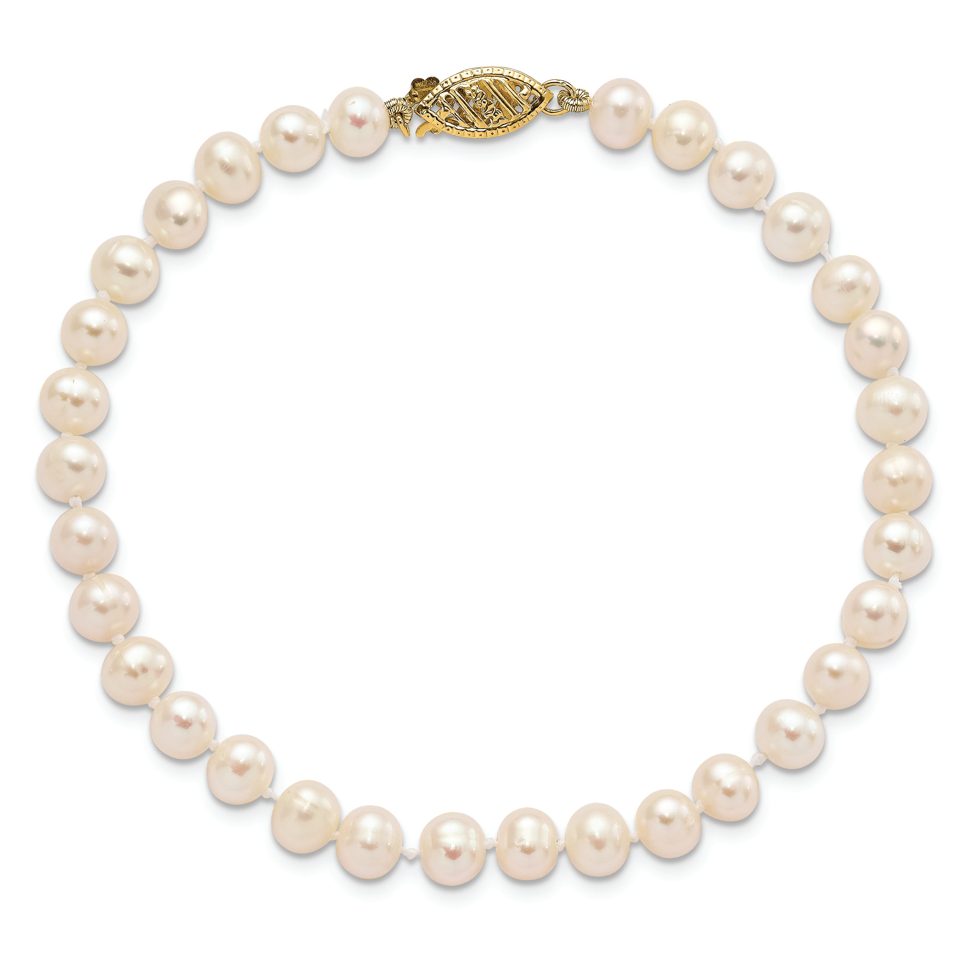 10K Yellow Gold 5-6mm White Near Round Freshwater Cultured Pearl 8.25 Inch Bracelet