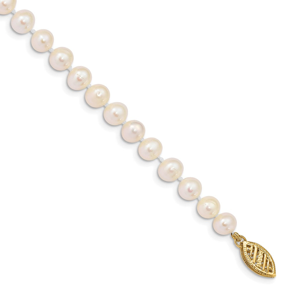 14K Yellow Gold 5 6mm White Near Round Freshwater Cultured Pearl 7.5 Inch Bracelet