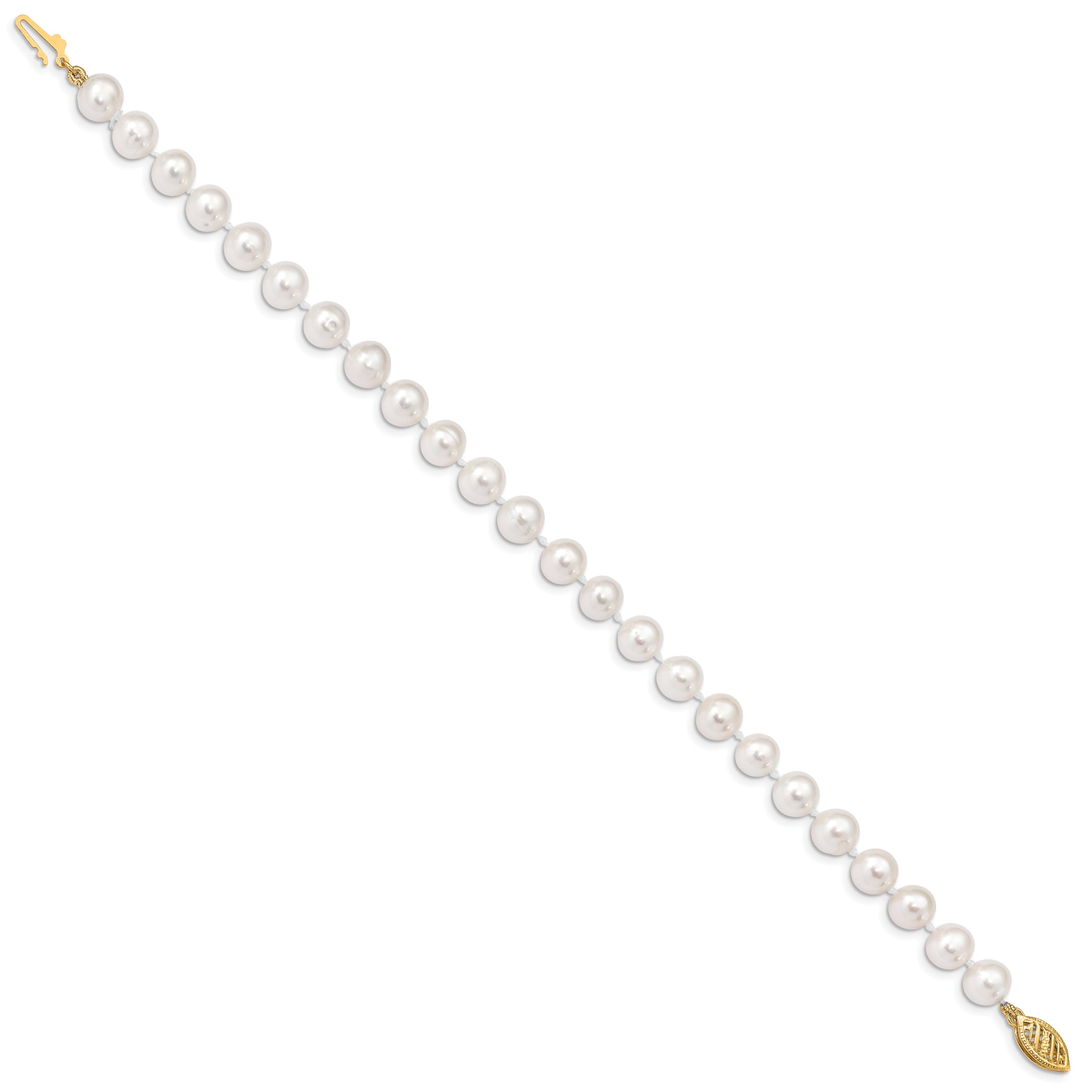 10K Yellow Gold 6-7mm White Near Round Freshwater Cultured Pearl 8.25 Inch Bracelet