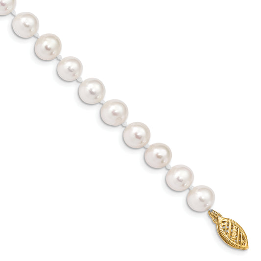 10K Yellow Gold 6-7mm White Near Round Freshwater Cultured Pearl 8.25 Inch Bracelet