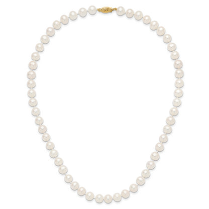 10K Yellow Gold 7-8mm White Near-Round Freshwater Cultured Pearl 18 Inch Necklace