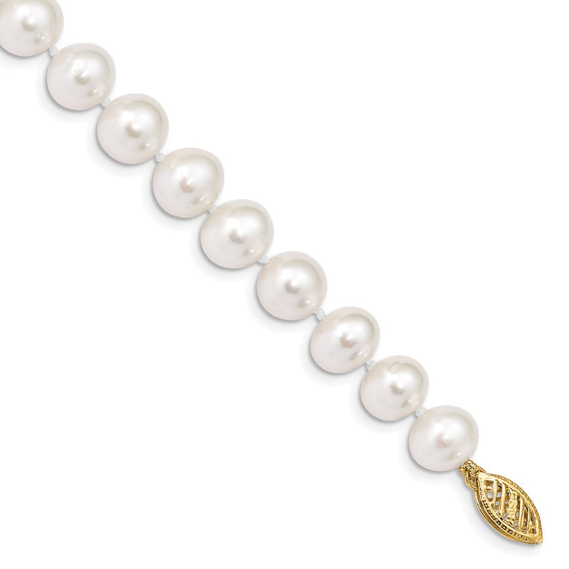 14K Yellow Gold 8 9mm White Near Round Freshwater Cultured Pearl 7.5 Inch Bracelet