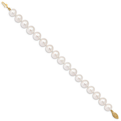 14K Yellow Gold 10 11mm White Near Round Freshwater Cultured Pearl 7.5 Inch Bracelet