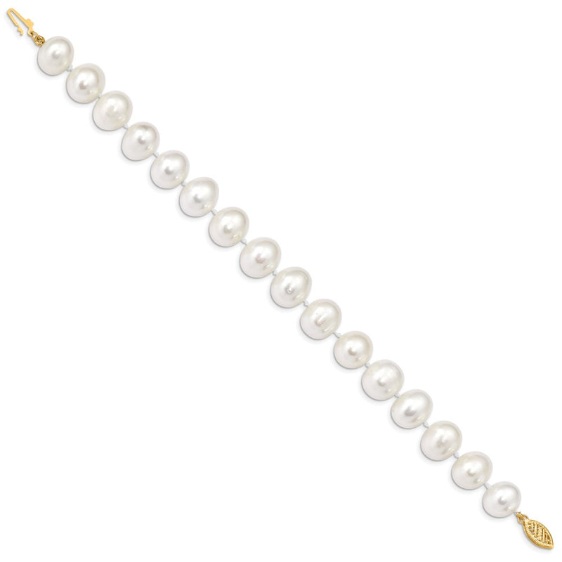 14K Yellow Gold 11 12mm White Near Round Freshwater Cultured Pearl 7.5 Inch Bracelet