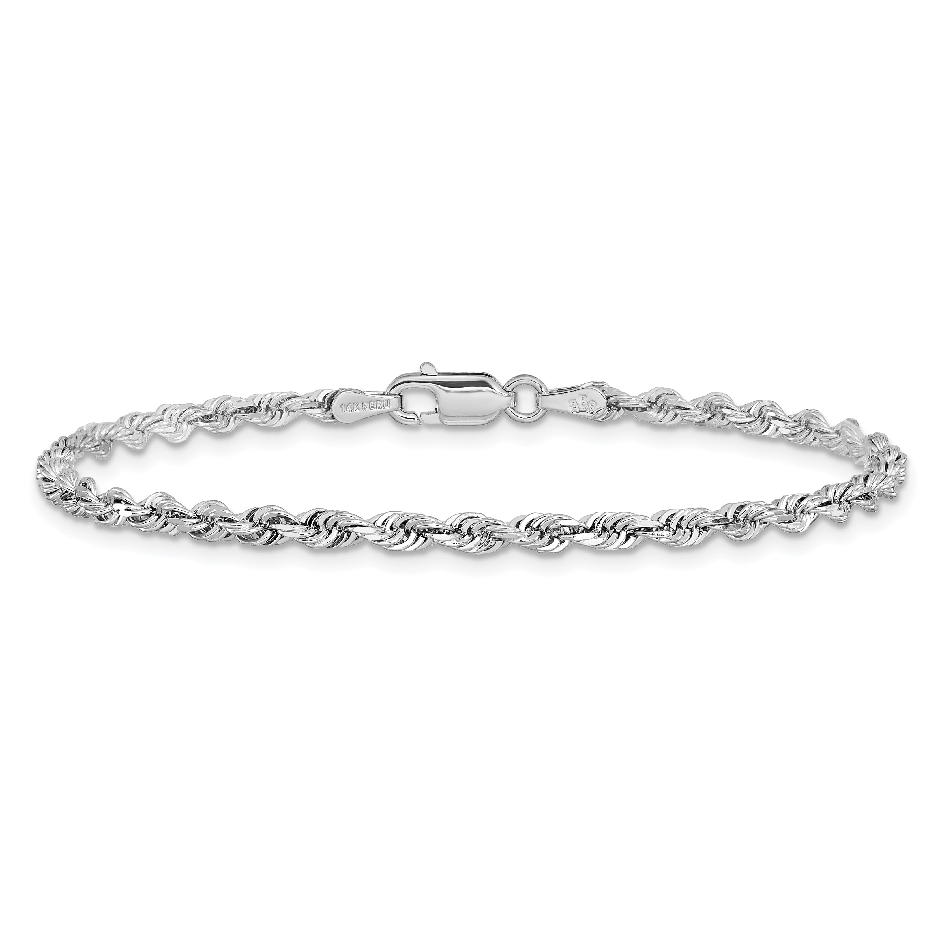 14K White Gold 8 Inch 3mm Diamond Cut Quadruple Rope Lobster Clasp Chain Bracelet