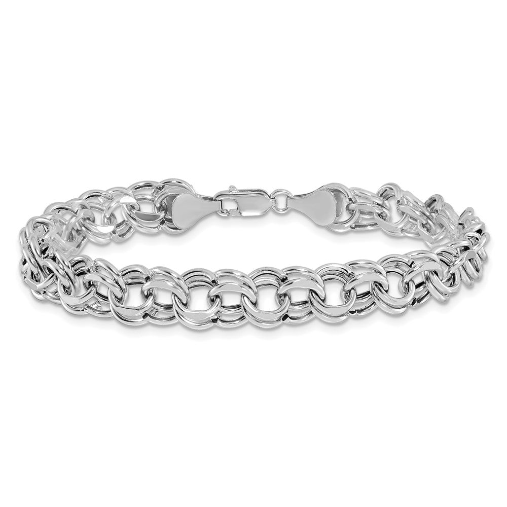 14K White Gold 9.5mm Hollow Double Link 7.25 Inch Charm Bracelet