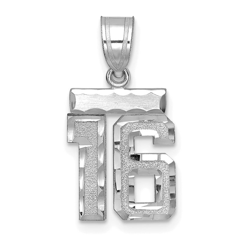 14k White Goldw Small Brushed Diamond-cut Number 16 Charm