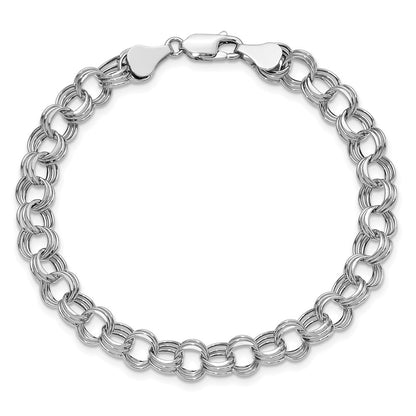 14K White Gold 7.5mm Hollow Triple Link 8.25 Inch Charm Bracelet
