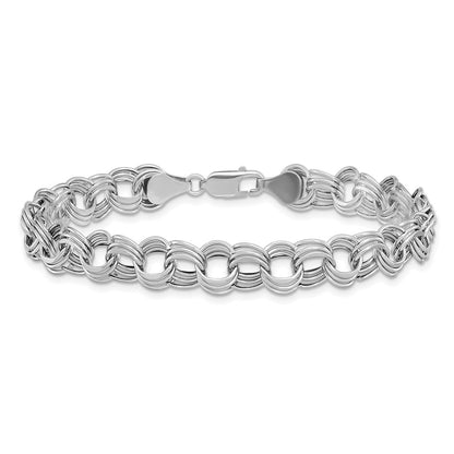 14K White Gold 8.5mm Hollow Triple Link 8.25 Inch Charm Bracelet