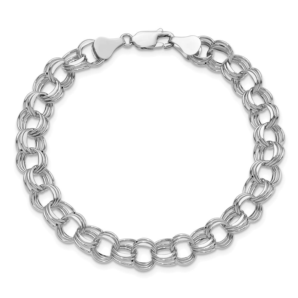 14K White Gold 8.5mm Hollow Triple Link 8.25 Inch Charm Bracelet