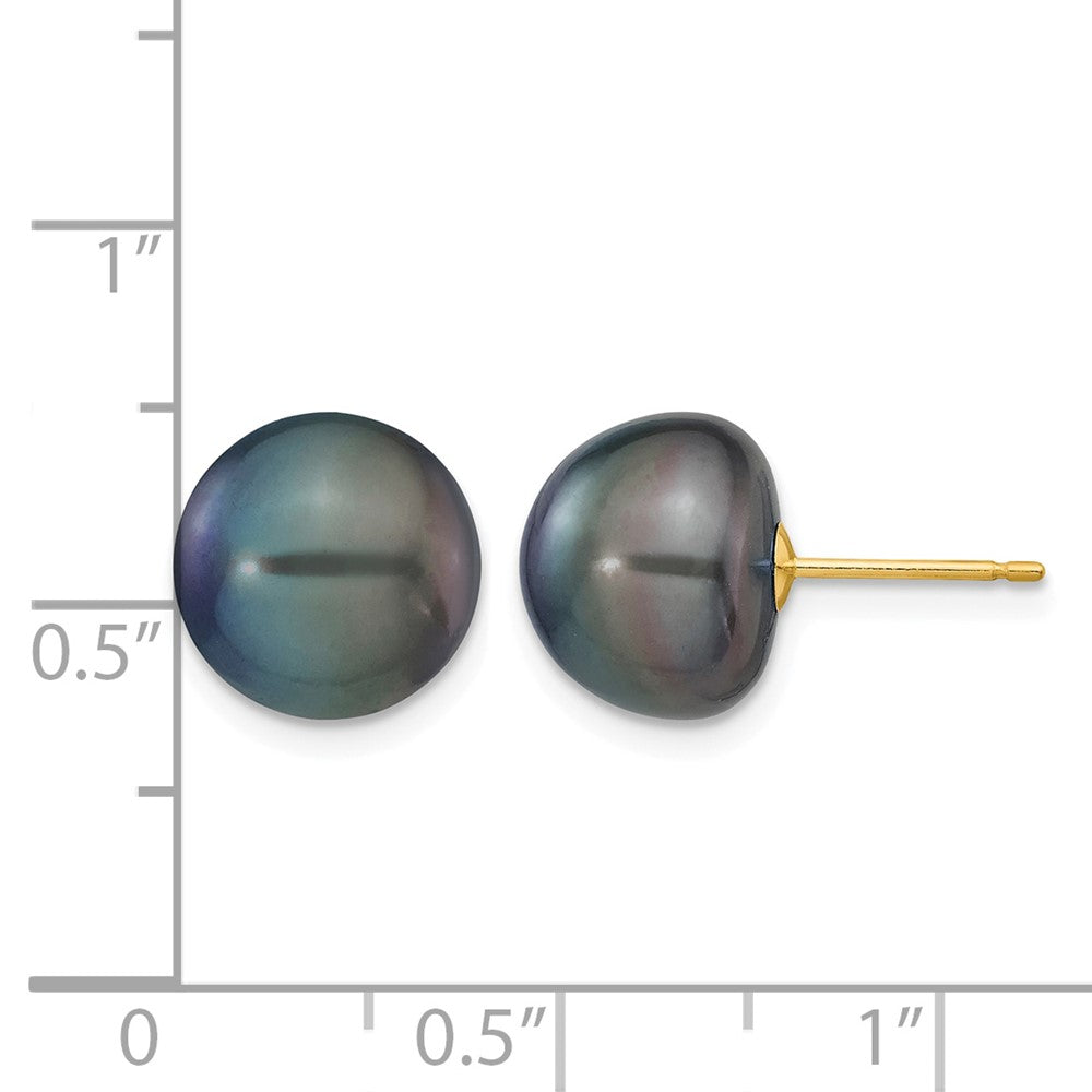 14K Yellow Gold 10-11mm Black Button Freshwater Cultured Pearl Stud Post Earrings