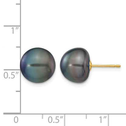 14K Yellow Gold 10-11mm Black Button Freshwater Cultured Pearl Stud Post Earrings
