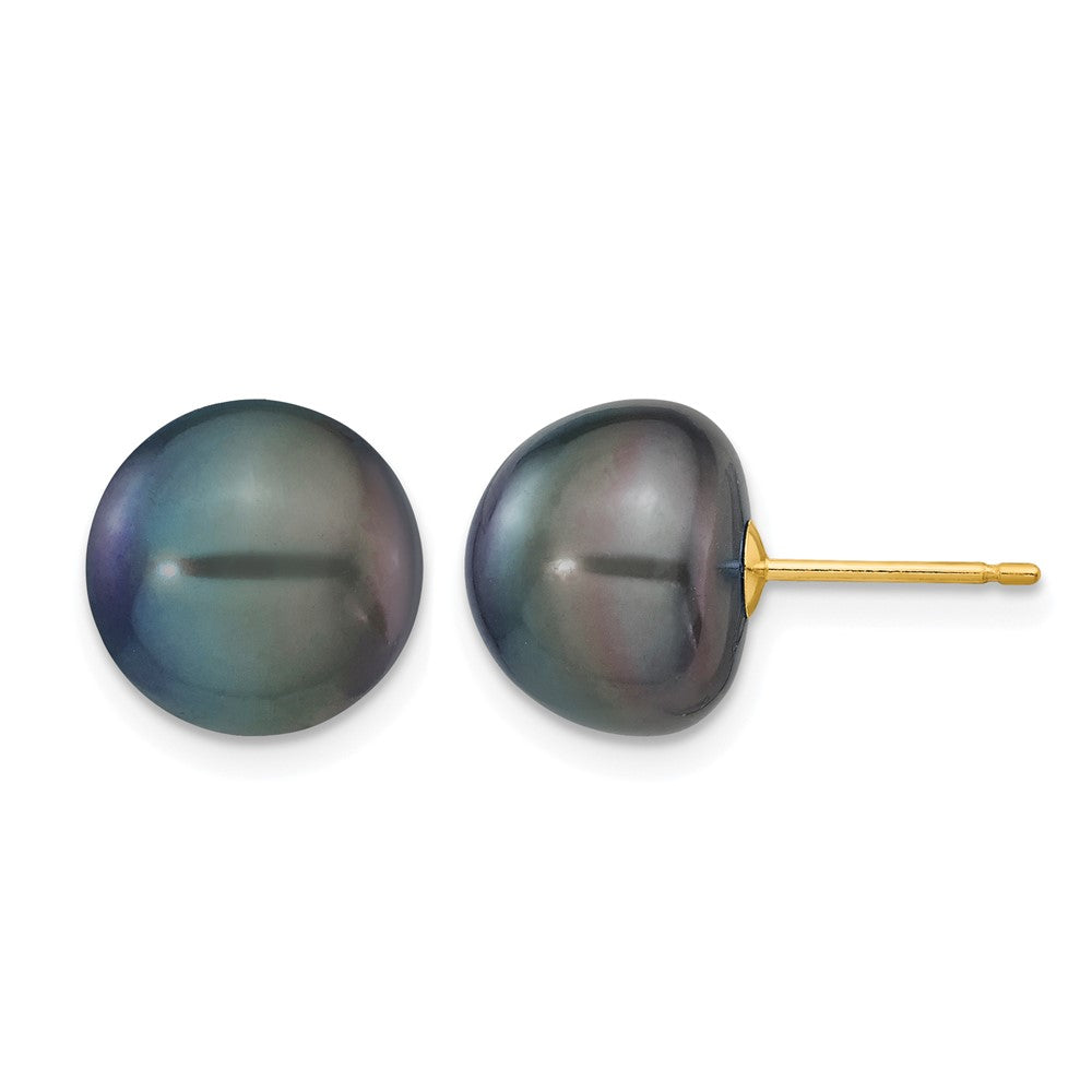 14K Yellow Gold 10-11mm Black Button Freshwater Cultured Pearl Stud Post Earrings
