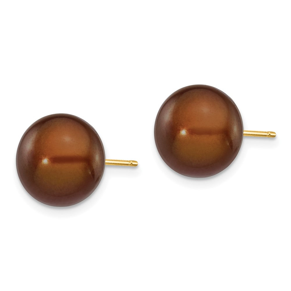 14K Yellow Gold 10-11mm Brown Button Freshwater Cultured Pearl Stud Post Earrings