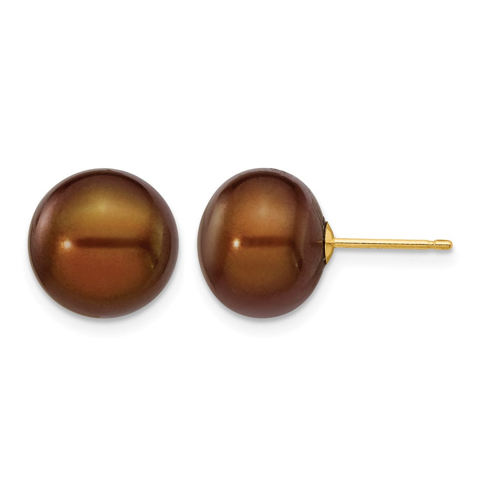 14K Yellow Gold 10-11mm Brown Button Freshwater Cultured Pearl Stud Post Earrings