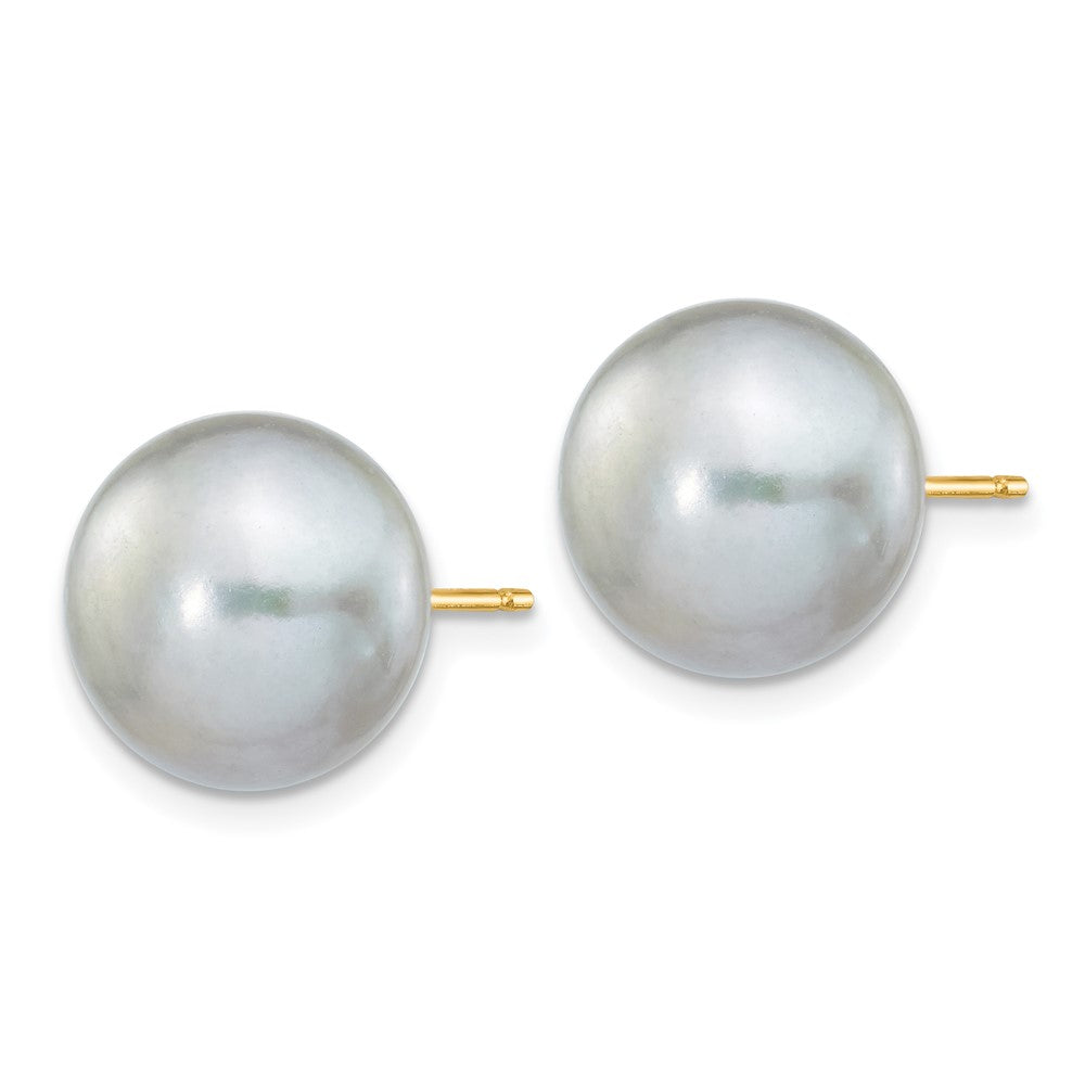 14K Yellow Gold 10-11mm Grey Button Freshwater Cultured Pearl Stud Post Earrings
