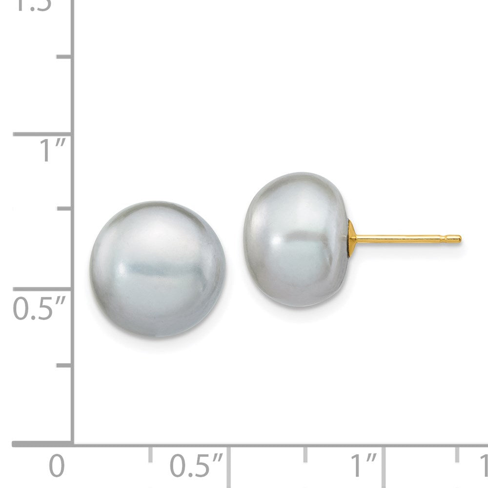 14K Yellow Gold 10-11mm Grey Button Freshwater Cultured Pearl Stud Post Earrings