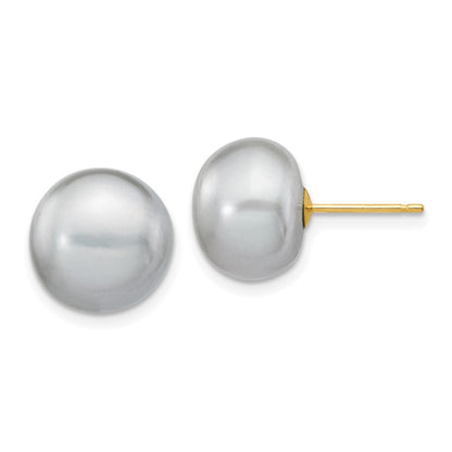14K Yellow Gold 10-11mm Grey Button Freshwater Cultured Pearl Stud Post Earrings