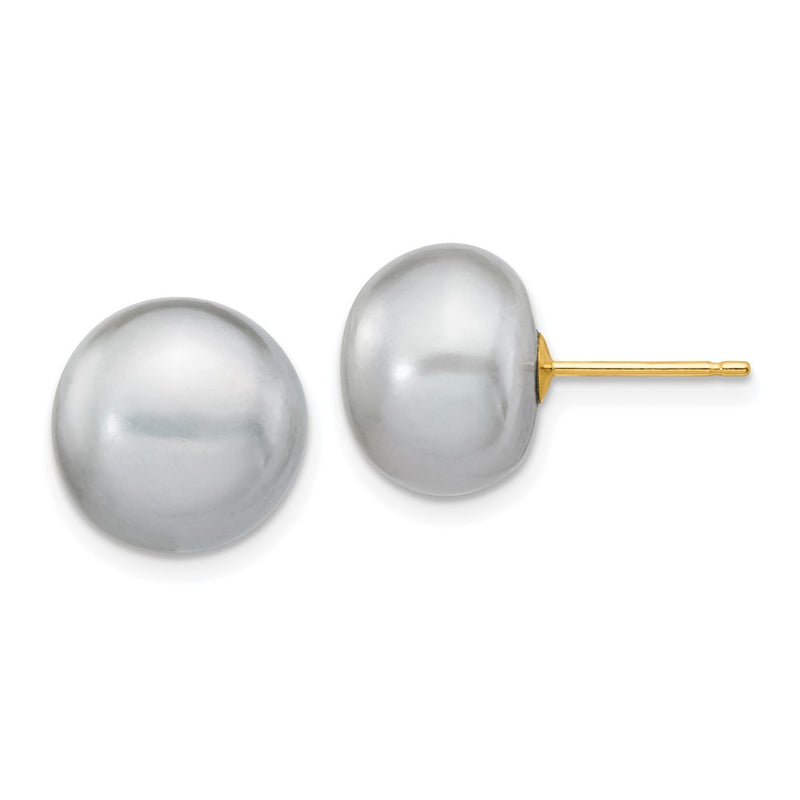 14K Yellow Gold 10-11mm Grey Button Freshwater Cultured Pearl Stud Post Earrings