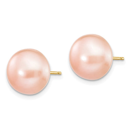 14K Yellow Gold 10-11mm Pink Button Freshwater Cultured Pearl Stud Post Earrings
