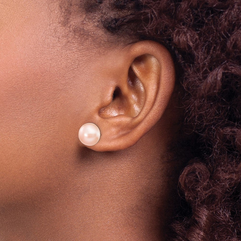 14K Yellow Gold 10-11mm Pink Button Freshwater Cultured Pearl Stud Post Earrings
